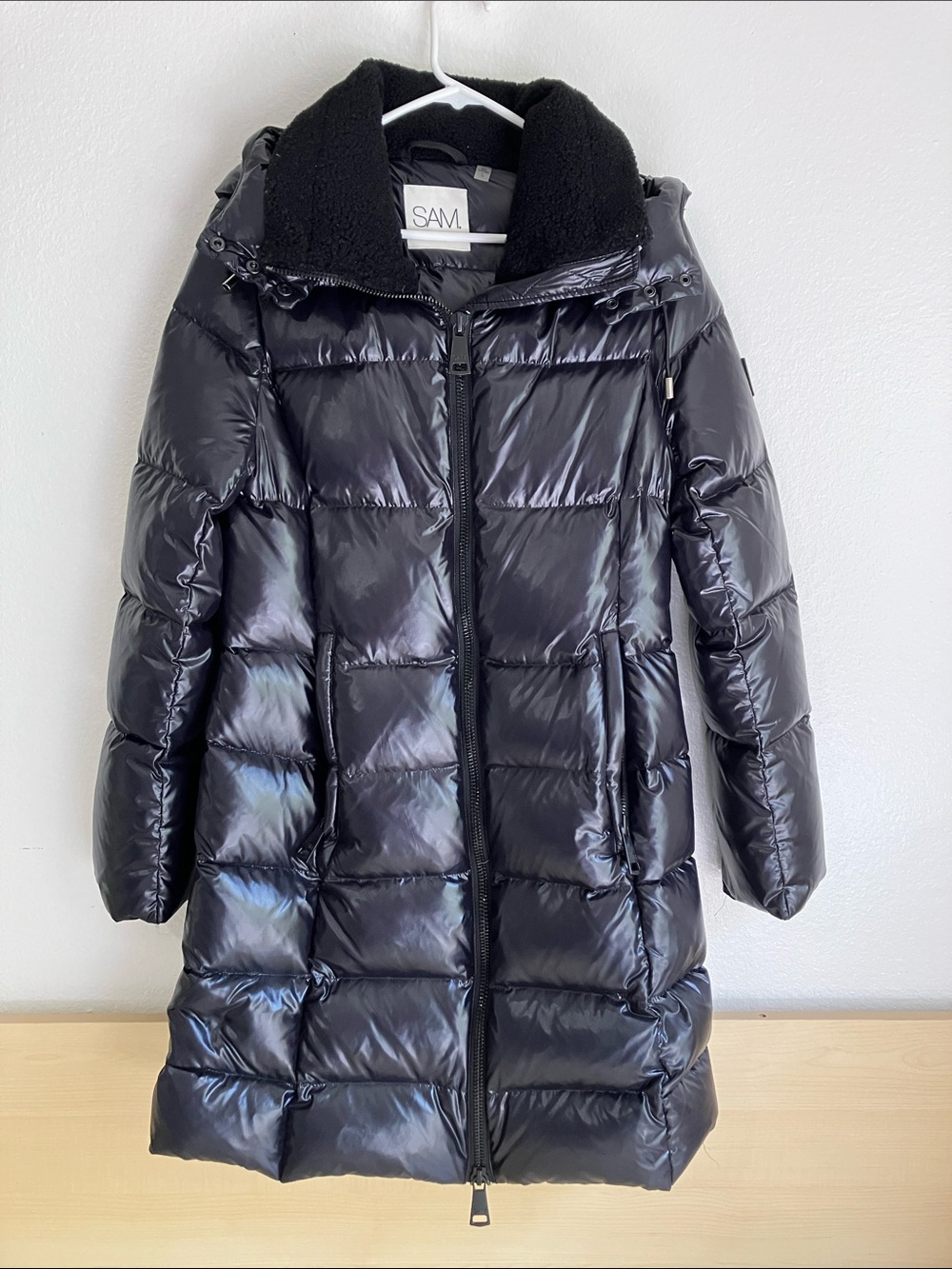 SAM. Shiny Black Quilted Long Puffer Coat with Hood